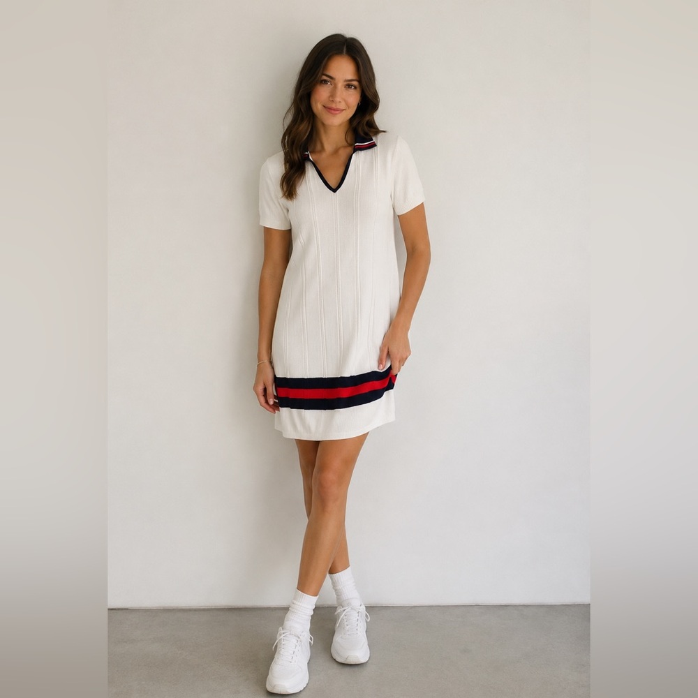 MOVETES Luxury Tennis Knit / Golf Dress – White/Navy/Red – Size L
